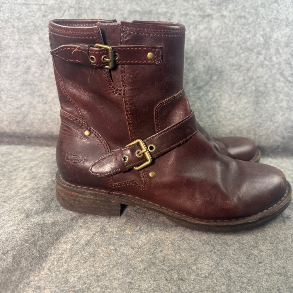 UGG Australia Fabrizia Meadow Brown Leather Moto Boots 1001661 Womens 7.5M
